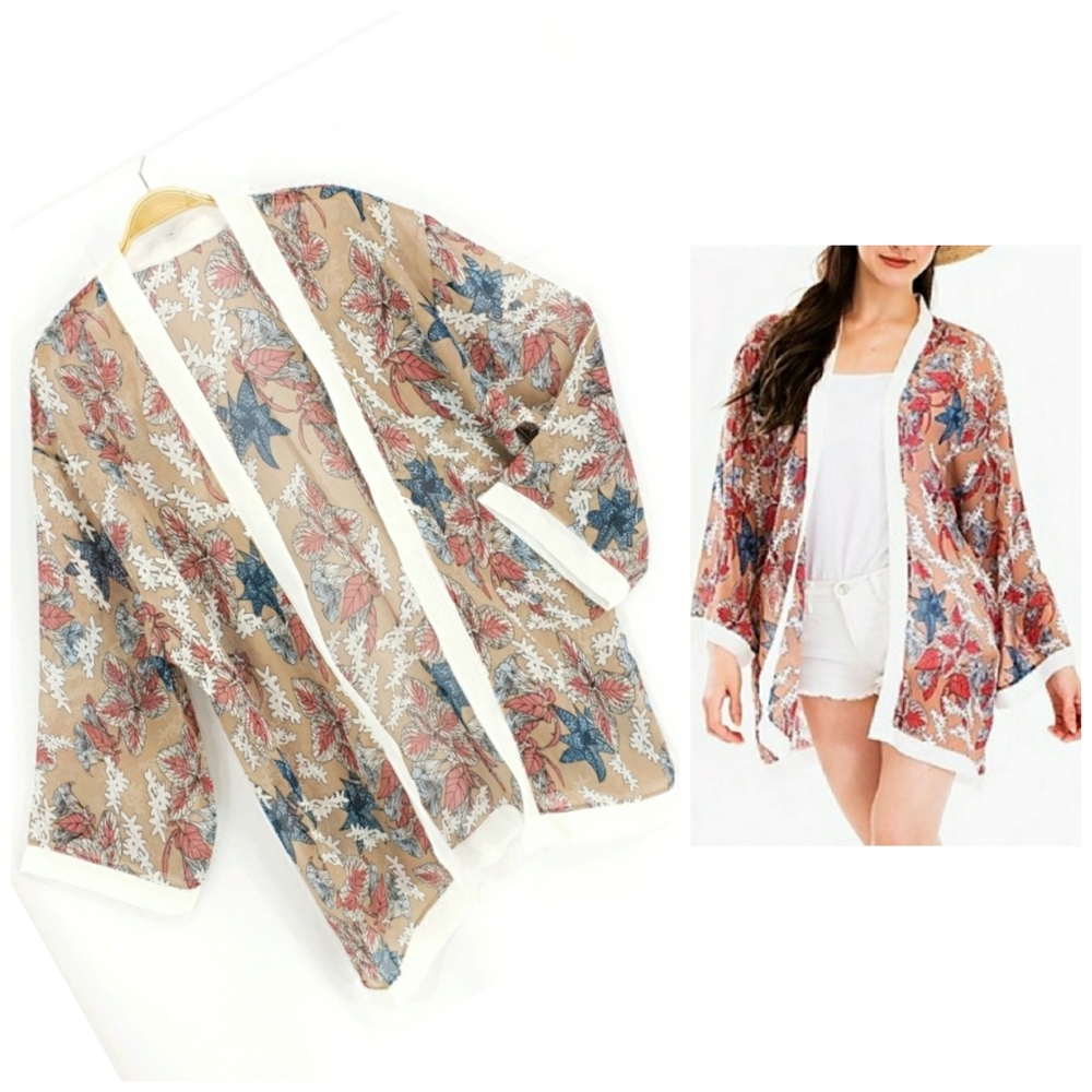 NEW Tropical Floral Sheer Kimono Cover Up in Tan